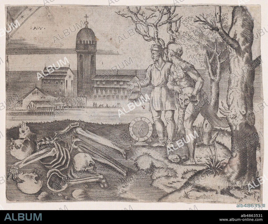 AGOSTINO VENEZIANO. Two Men at a Cemetery, ca. 1514-36.