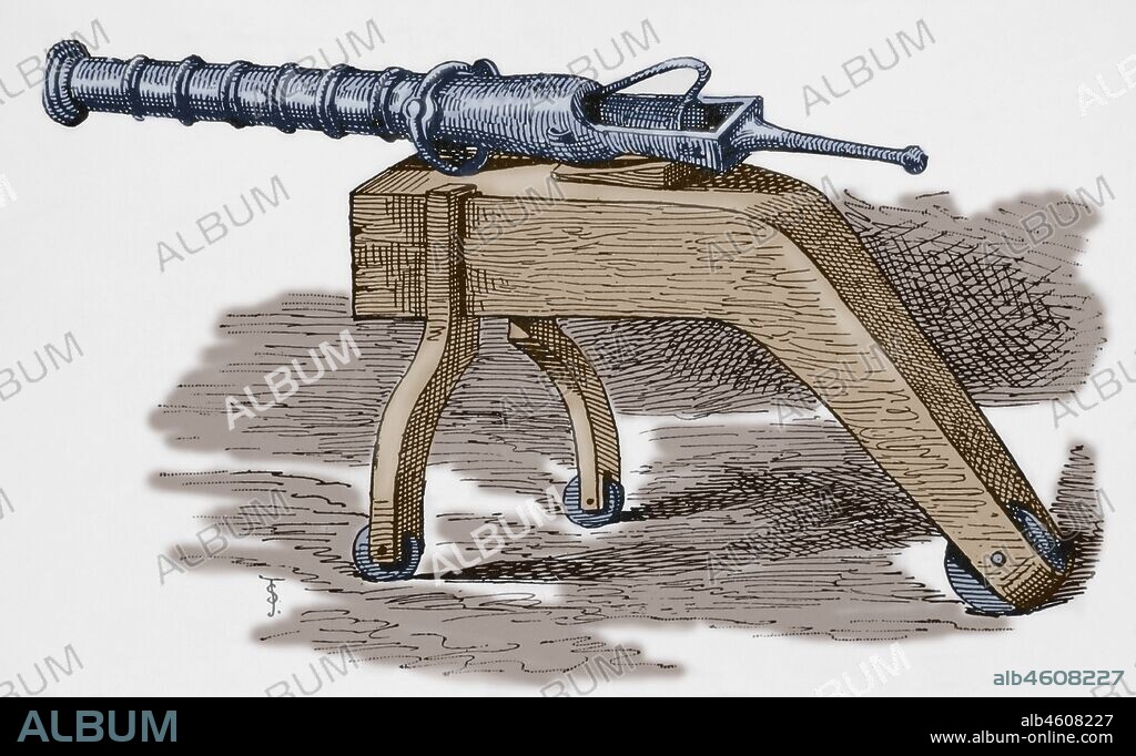 Antigua pieza de artillería llamada "falconete". Creada en el siglo XIV. Grabado. "Museo Militar del Ejército Español", Tomo I. Evaristo Ullastres Editor. Barcelona, 1883. Coloreado.