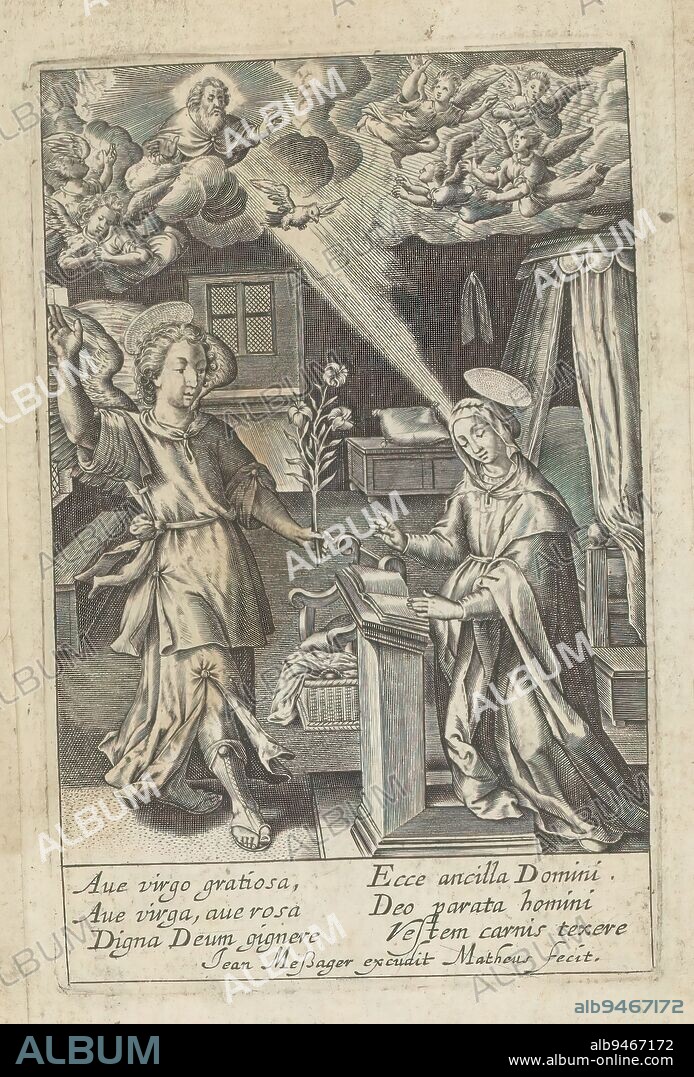 Annunciation, Vita Deiparae Virginis Mariae (series title), Life of the Virgin Mary (series title), Mary is kneeling at her lectern in her sleeping chamber. She is visited by the angel Gabriel. He tells her that she will give birth to a son who will be called Christ. Above them, God the Father lowers the dove of the Holy Spirit upon her. Angels look on from heaven. In the margin a six-line caption, in two columns, in Latin. The print is part of an album., print maker: Jean Matheus, (mentioned on object), after print by: Hieronymus Wierix, publisher: Jean Messager, (mentioned on object), Paris, 1590 - 1649, paper, engraving, height 100 mm × width 65 mm.