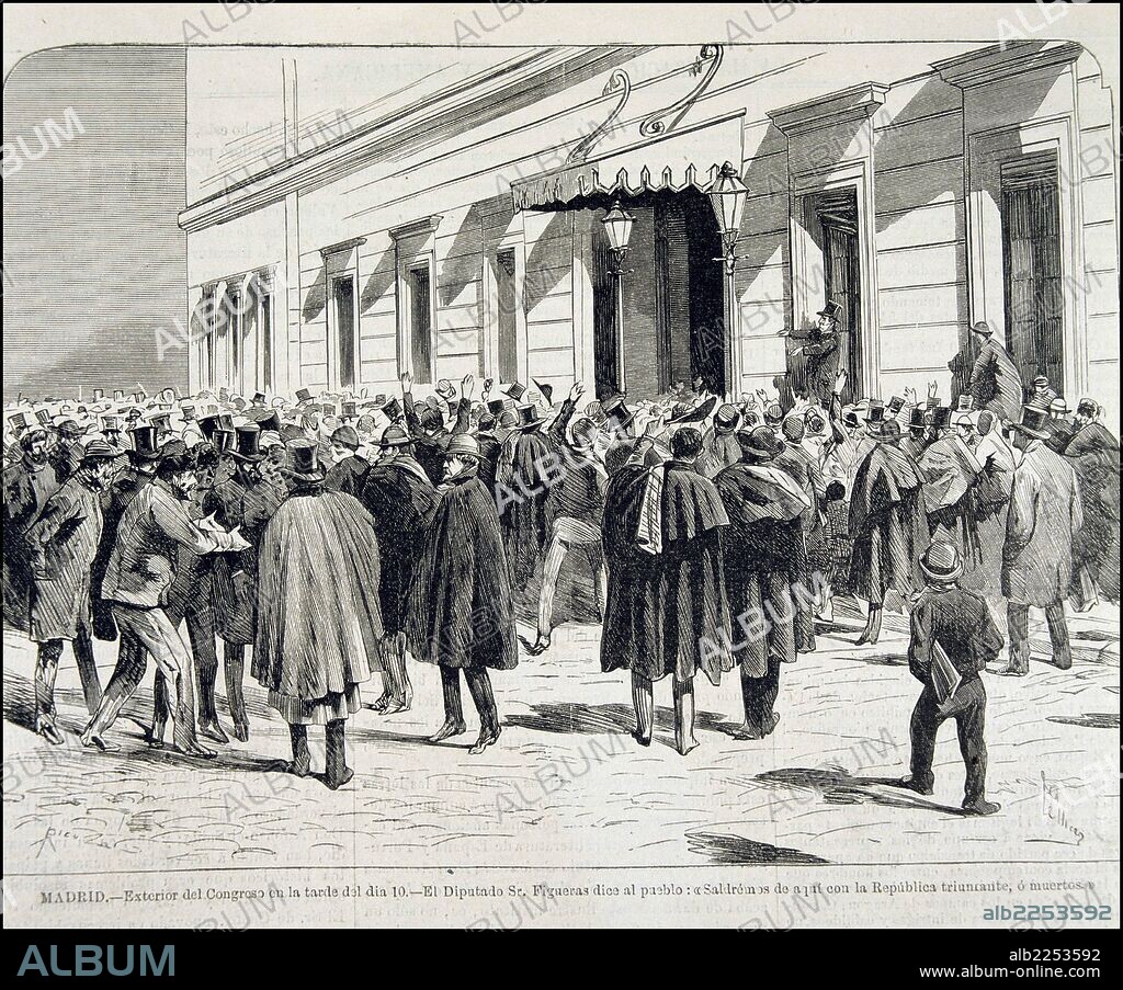 FIGUERAS , ESTANISLAO. POLITICO ESPAÑOL. BARCELONA 1819 - 1882. " PROCLAMACION DE LA 1ª REPUBLICA. EL DIPUTADO SEÑOR FIGUERAS ARENGA AL PUEBLO EN EL EXTERIOR DEL CONGRESO, AÑO 1873 ". ILUSTRACION ESPAÑOLA Y AMERICANA.