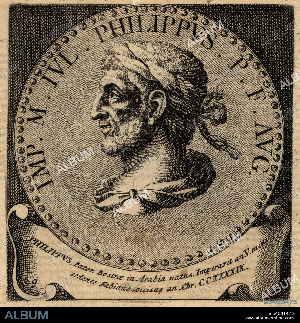 Roman Emperor Marcus Julius Philippus, 204-249. Marcus Julius Philippus Augustus or Philip the Arab. Copperplate engraving from Abraham Bogaerts De Roomsche Monarchy, The Roman Monarchy, Francois Salma, Utrecht, 1697.