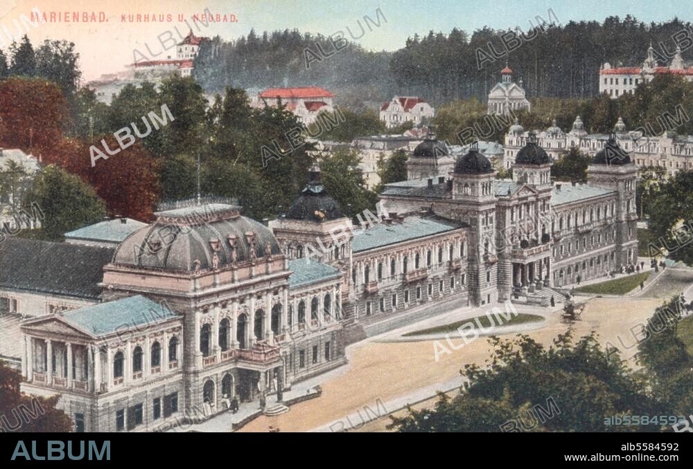 Marianske Lazne (Germ. Marienbad). (Western Bohemia, Czechoslovakia), spa hotels and Neubad (built 1895). Overall view. Photo postcard, colourised, c. 1905.