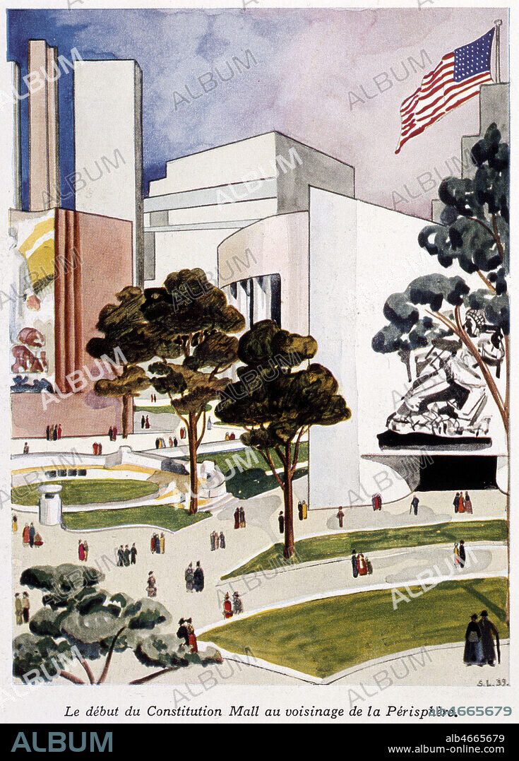 'Le debut du Constitution Mall au voisinage de la perisphere'. Dessin publie dans L'Illustration du 10 juin 1939. Credit : Collection KHARBINE-TAPABOR.