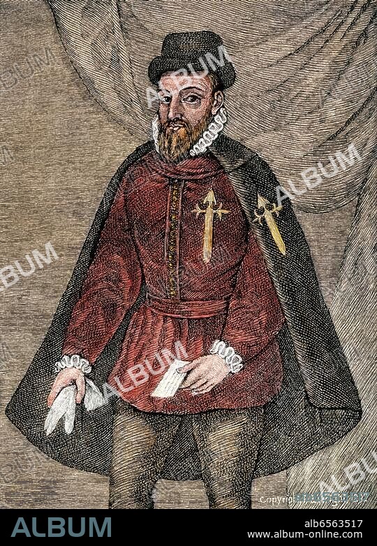 Francisco Pizarro, conqueror of Peru, standing.|Handcolored woodcut of a 19th century illustration.