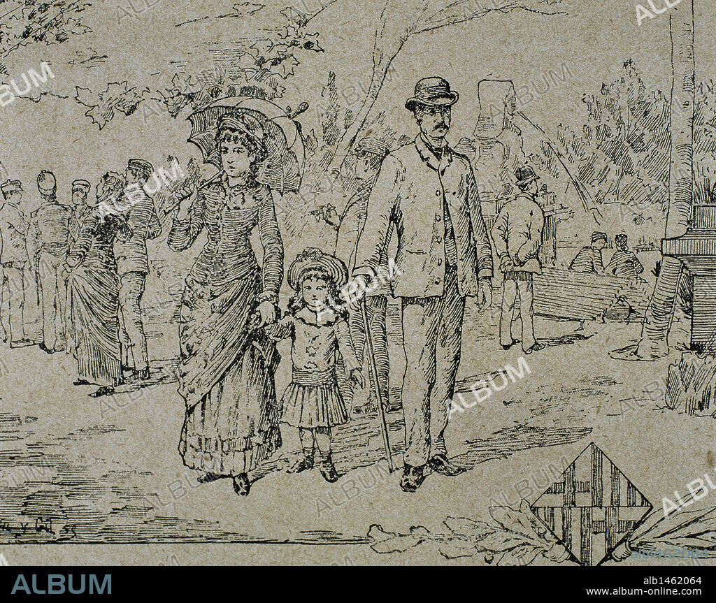 SOCIEDAD S. XIX. ESPAÑA. FAMILIA PASEANDO. Barcelona. La Ilustración Ibérica, 1885.
