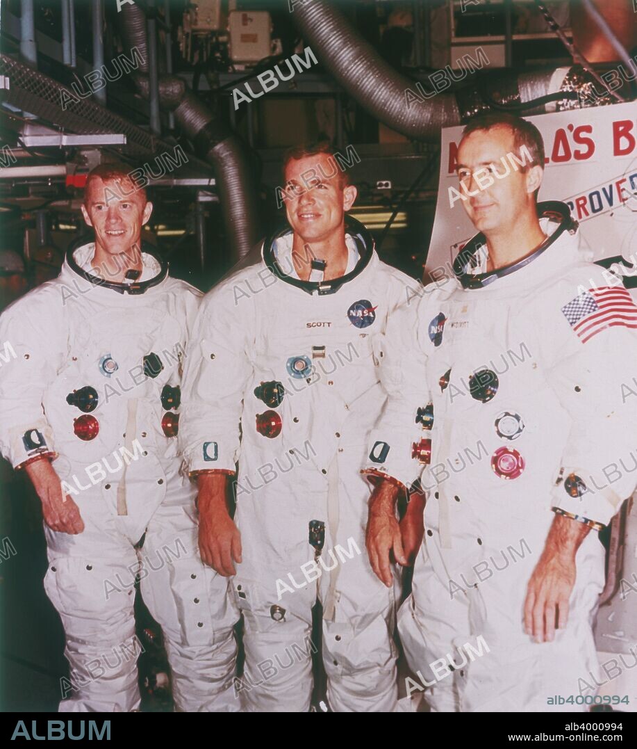 Apollo 9 astronauts, 1968. Russell Schweickart, Lunar Module pilot, David Scott, Command Module pilot and James McDivitt, Commander, are dressed in spacesuits during a ground-based training exercise. Apollo 9, launched on 3 March 1969, carried the first complete Apollo spacecraft into earth orbit. The first docking of the Command and Service Module with the Lunar Module was carried out on this mission.