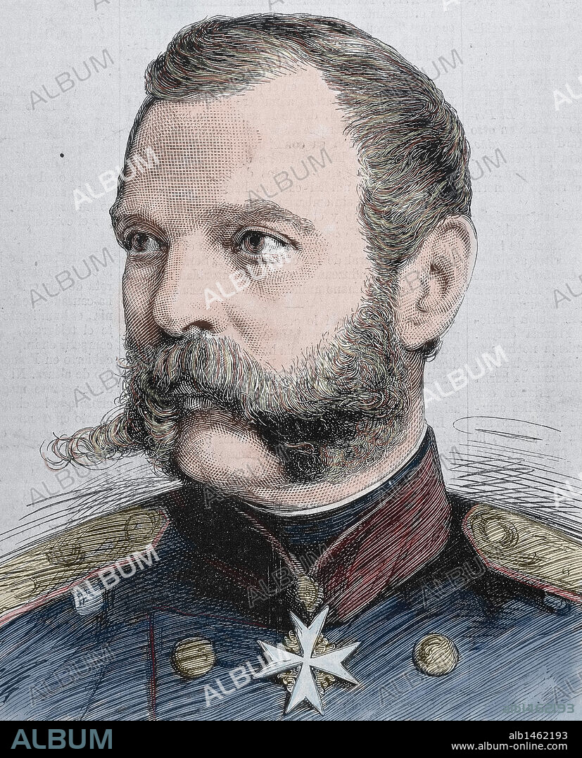 ALEJANDRO II DE RUSIA (Moscú,1818-San Petersburgo 1881). Zar de Rusia (1855-1881), hijo de Nicolás I. Al ser derrotada Rusia en la guerra de Crimea, inició un programa de reformas para modernizar su país. Sufrió diversos atentados y en 1881, en San Petersburgo, fue asesinado con una bomba. Grabado. La Ilustración Española y Americana, 1876. Coloreado.