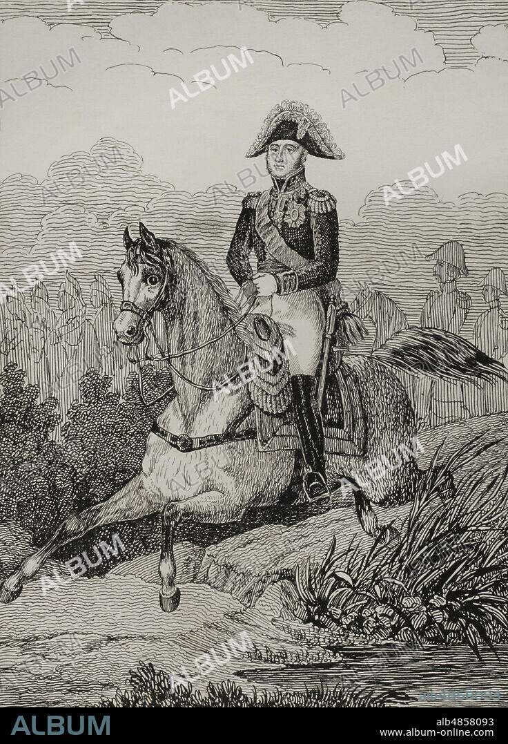 Michel Ney (1769-1815), apodado"le Rougeaud" (el Rubicundo). Mariscal del ejército francés. Luchó en las guerras revolucionarias francesas y en las guerras napoleónicas. Guerra de la Independencia Española. Ilustración por Francisco Pérez. Litografía por Julio Donón. Historia de Levantamiento, Guerra y Revolución de España, por el Conde de Toreno. Madrid,1851.