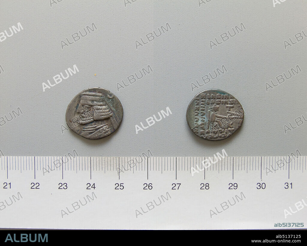 Ruler: Orodes II, King of Parthia 58/7-37 B.C.Mint: Parthia, Drachm of Orodes II, King of Parthia from Parthia, 5738 B.C., Silver, 3.86 g, 1:00, 20.4 mm, Made in Parthia, Parthian, 1st century B.C., Numismatics.
