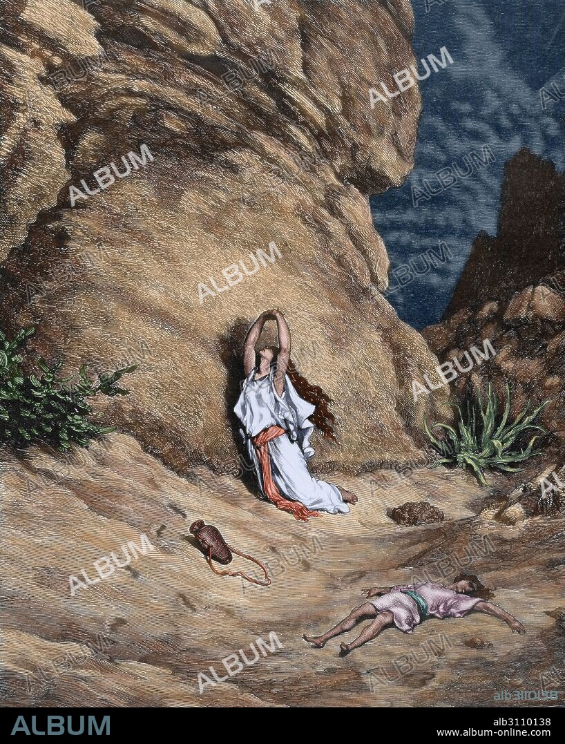 Hagar and Ishmael in the desert. Book of Genesis. Old Testament. Engraving by Gustave Dore (1832-1883). Colored.