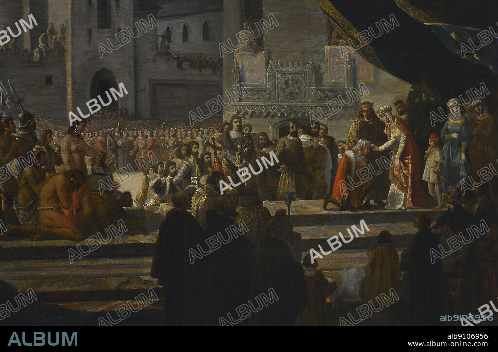 FRANCISCO GARCIA IBAÑEZ (B. 1825). SPANISH PAINTER.. Columbus received by the Catholic Monarchs in Barcelona (April 1493). Oil on canvas (111 x 144 cm) by Francisco Garcia Ibañez (b. 1825), 1845. Detail. Army Museum. Toledo, Spain. (On loan from Prado Museum, Spain).