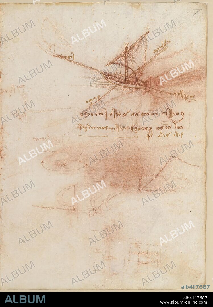 LEONARDO DA VINCI. Folio f 7r. Codex Madrid II (Mss. 8936) "Tratado de fortificación, estática y geometría". 158 folios (316 págs.); formato interior: 210 x 145 mm. NAVEGACIÓN. OBSERVACIÓN DE LA NATURALEZA. PRINCIPIOS DE MECÁNICA, CINEMÁTICA, DINÁMICA.