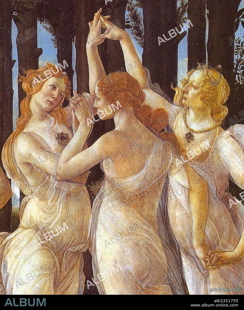 SANDRO BOTTICELLI. Primavera (Allegory of Spring). Detail: The Three Graces, right - Portrait of Caterina Sforza.
