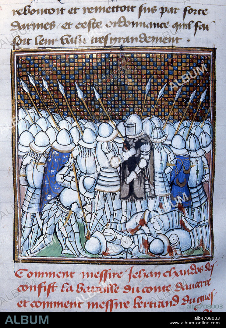 Bataille d'AURAY, Bertrand DUGUESCLIN est fait prisonnier. En 1364, pendant la guerre de succession de Bretagne, Jean IV assiége Auray, ville au secours de laquelle se portent Charles de Blois et un corps de troupes françaises commandé par du Guesclin qui sera fait prisonnier au cours de la bataille. Les deux armées s'affrontent sous les murs de la ville. la Bretagne au Moyen age, 14eme siecle, XIVe s. Credit : JEAN VIGNE/KHARBINE TAPABOR.