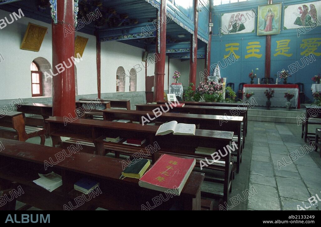 Interior of a Christian church built in traditional Chinese style - Dali - Yunnan Province, China (Photo by: Sovfoto/UIG via Getty Images).