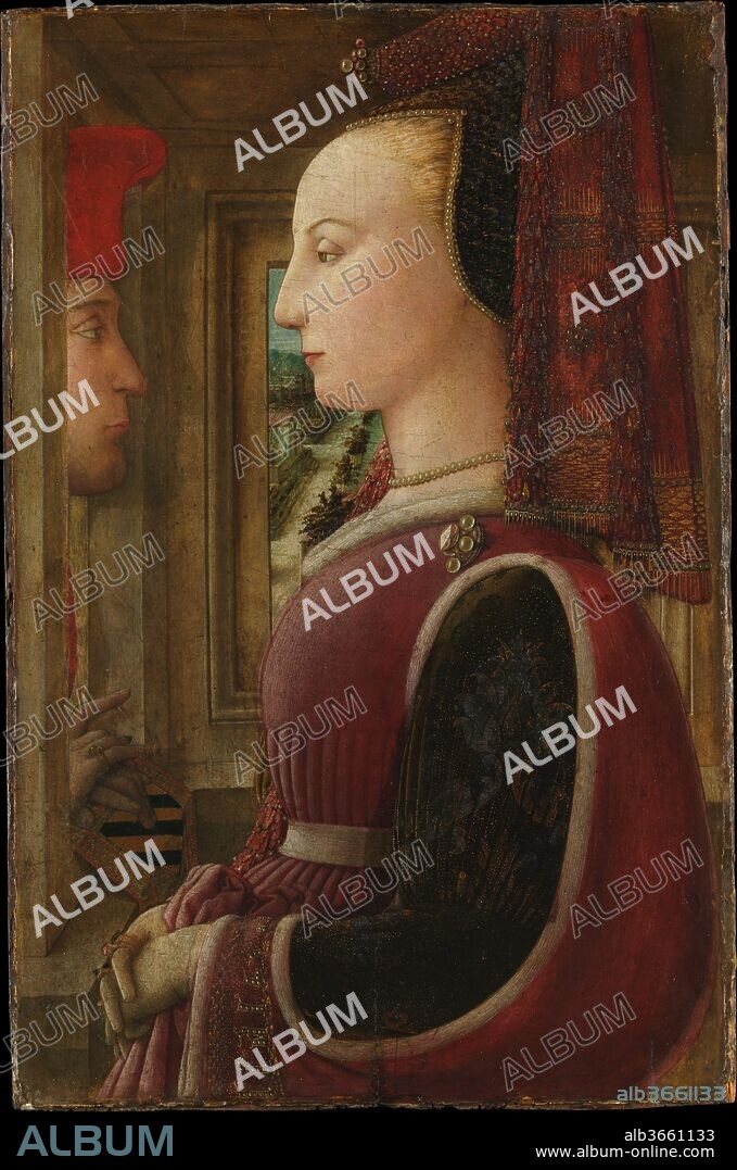 Portrait of a Woman with a Man at a Casement. Artist: Fra Filippo Lippi (Italian, Florence ca. 1406-1469 Spoleto). Dimensions: 25 1/4 x 16 1/2 in. (64.1 x 41.9 cm). Date: ca. 1440.
This is the earliest surviving double portrait in Italy, the first to show the sitters in a domestic setting, and the first with a view onto a landscape. The woman, dressed luxuriously <i>ala francese</i>, her sleeve embroidered with letters spelling "lealta" (faithful), is observed by a man--her betrothed?--appearing at a window, his hands on an identifying coat of arms. The two figures may be Lorenzo di Ranieri Scolari and Angiola di Bernardo Sapiti, who were married about 1439. Lippi's task was complicated by the Italian preference for the profile view as opposed to the three-quarter view preferred north of the Alps.