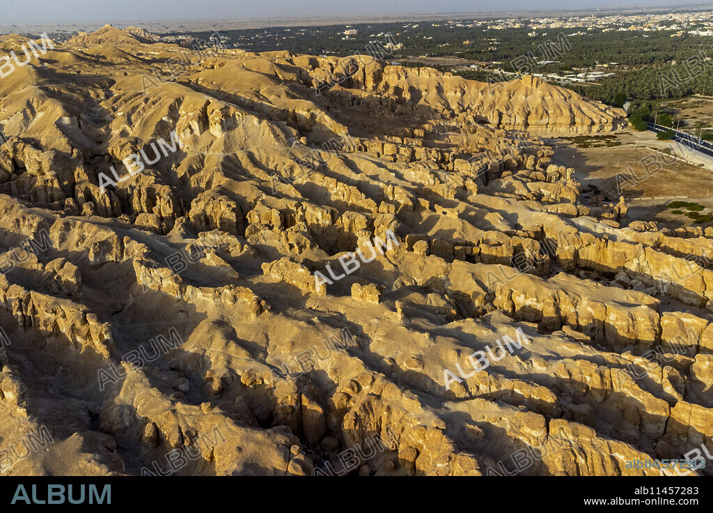 Aerial of the Al Qarah mountain, Al Ahsa (Al Hasa) Oasis, UNESCO World Heritage Site, Hofuf, Kingdom of Saudi Arabia, Middle East.