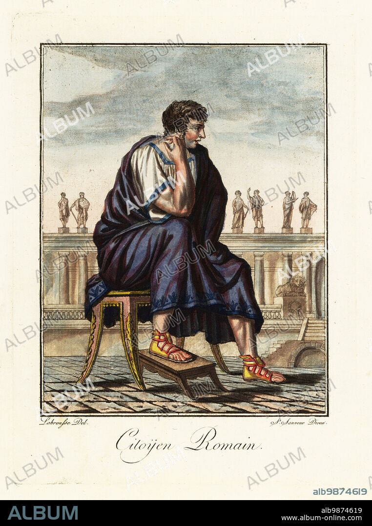 A wealthy Roman citizen in cloak or palla with embroidered hem, white toga, yellow and red sandals. Seated on a stool with footrest in front of a colonnade with statues. Citoyen Romain. Handcoloured copperplate drawn and engraved by L. Labrousse, artist of Bordeaux, under the direction of Jacques Grasset de Saint-Sauveur from his Lantique Rome, ou description historique et pittoresque, Ancient Rome, or historical and picturesque description, Chez Deroy, Paris, 1796.