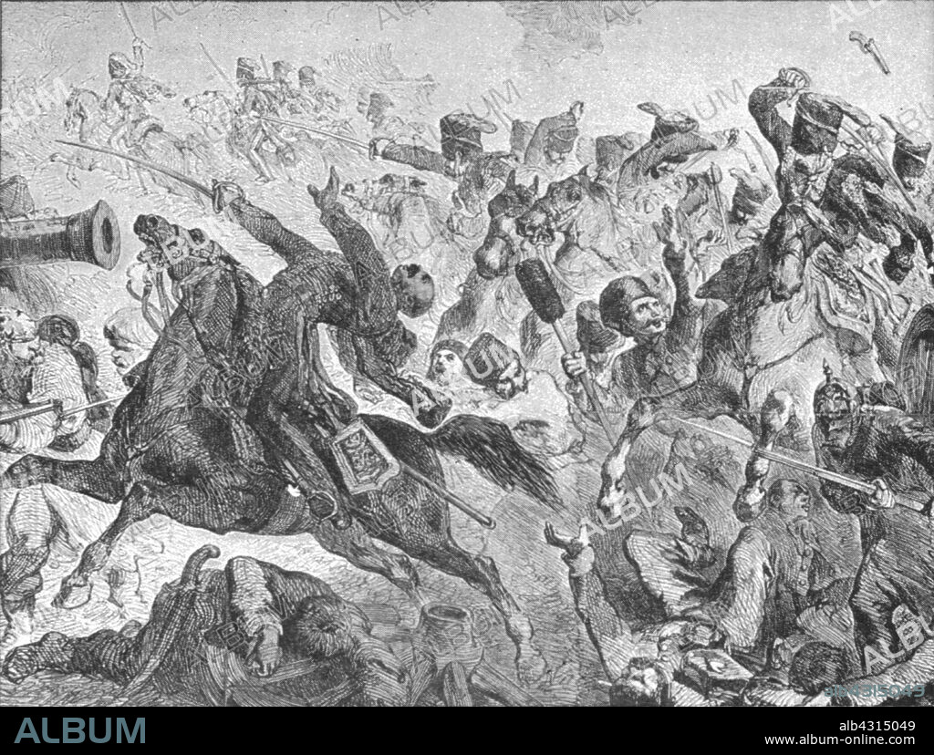 'The Crimean War, 1854-56: The Battle of Balaclava: The Charge of the Light Brigade, October 25, 1854', (1901). Disastrous British cavalry charge, immortalised in Tennyson's poem, in which the Light Brigade suffered 40% casualties as they advanced straight into Russian cannon fire. From "The Illustrated London News Record of the Glorious Reign of Queen Victoria 1837-1901: The Life and Accession of King Edward VII. and the Life of Queen Alexandra". [London, 1901].