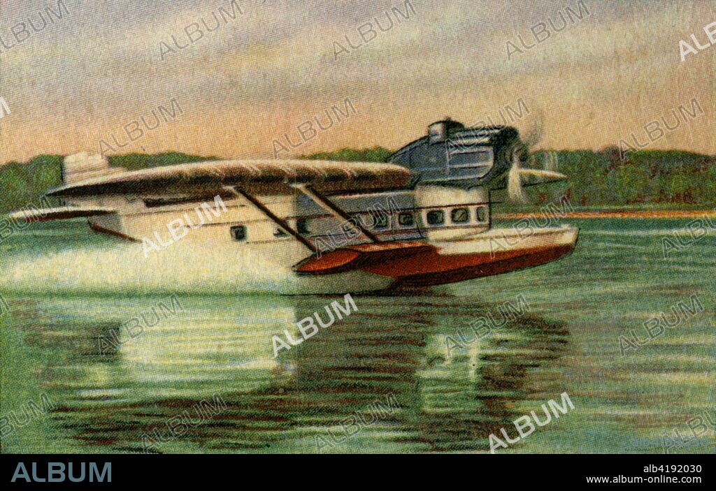 Dornier Delphin III flying boat, 1920s, (1932). The Delphin ('Dolphin') III was a German single-engine commercial flying boat built by Dornier Flugzeugwerke in the 1920s. It had a separate flight deck for the two-man crew and a cabin for ten passengers. From "Die Eroberung Der Luft", (The Conquest of the Air), cigarette card album produced by the Garbáty cigarette factory, 1932. Eugene and Moritz Garbáty, who were Jewish, were driven out of business by the Nazis in the late 1930s, and forced to sell their factory which lay empty for over 70 years. [Garbaty Cigarettenfabrik, Berlin-Pankow, 1932].