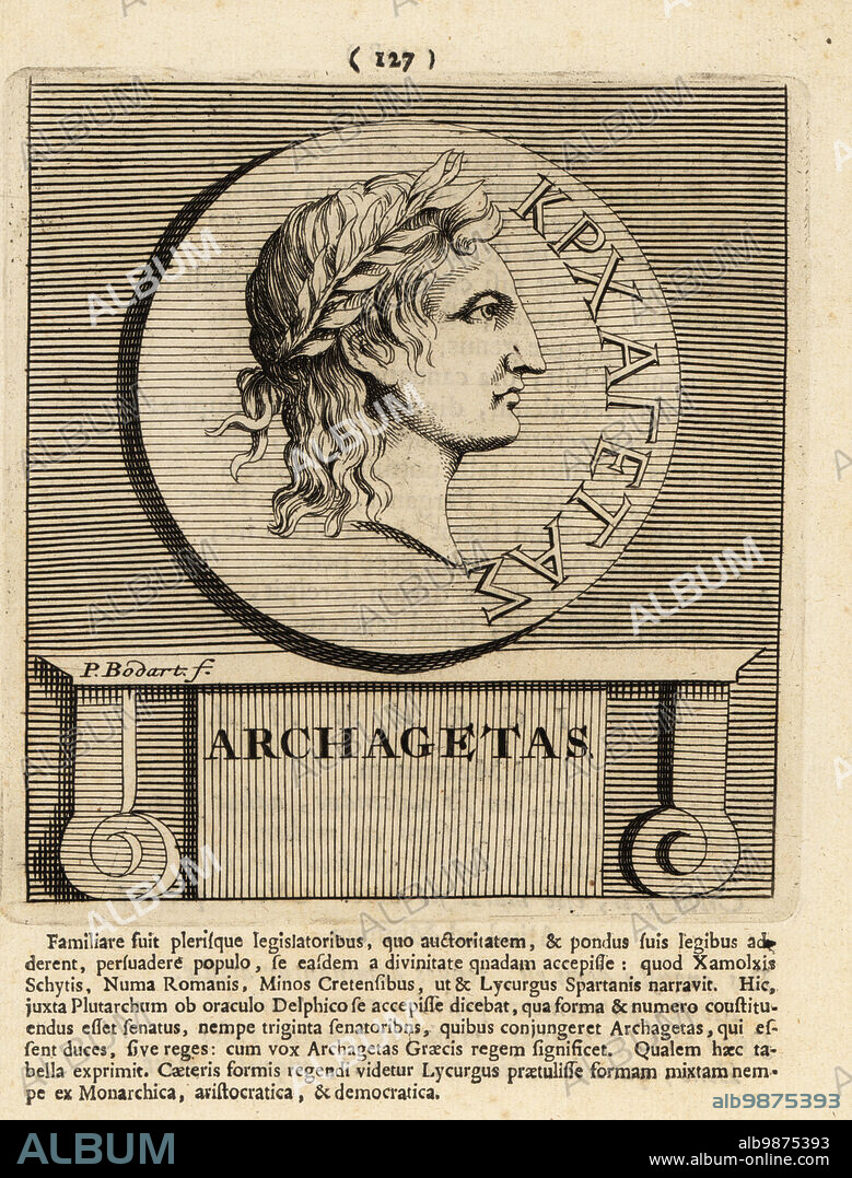 Apollo Archegetes in laurel wreath. An epithet of the Greek god Apollo, god of oracles, healing, archery, music and arts, sunlight, and knowledge, worshipped in several locations including Naxos, Sicily. Archagetas. Copperplate engraving by Pieter Bodart (1676-1712) from Henricus Spoors Deorum et Heroum, Virorum et Mulierum Illustrium Imagines Antiquae Illustatae, Gods and Heroes, Men and Women, Illustrated with Antique Images, Petrum, Amsterdam, 1715. First published as Favissæ utriusque antiquitatis tam Romanæ quam Græcæ in 1707. Henricus Spoor was a Dutch physician, classical scholar, poet and writer, fl. 1694-1716.