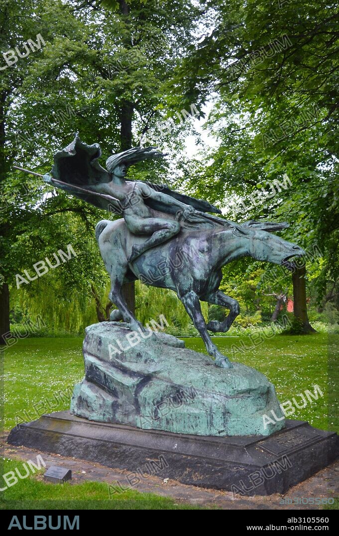 Valkyrie statue 1908 in Copenhagen, Denmark, by Stephan Abel Sinding (1846 – 1922). Norwegian-Danish sculptor. He moved to Copenhagen in 1883.