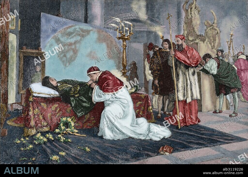 Leo X (1475-1521). Italian Pope (1513-1521), named Giovanni de Medici. Leo X in Raphael's deathbed. Engraving by R. Bong in The Iberian Illustration, 1885. Colored.