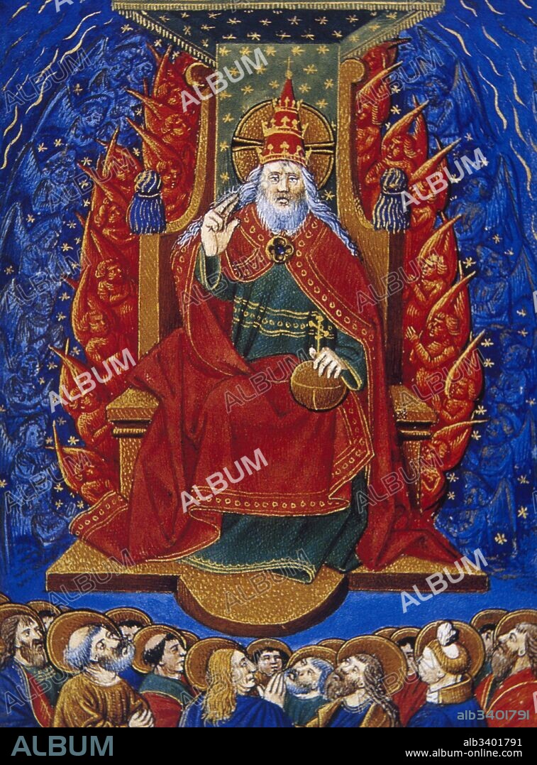 El Señor en el trono rodeado por los querubines. Miniatura del siglo XV. "Citè de Dieu" (La ciudad de Dios) obra de Agustín entre 412-426. Museo Condé. Castillo de Chantilly. Francia.