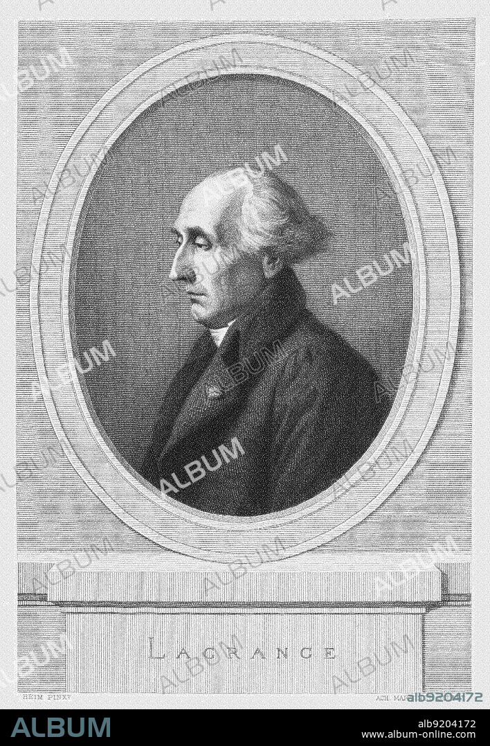 Joseph-Louis Lagrange (1736-1813), also known as Giuseppe Luigi Lagrangia, Italian-French mathematician and astronomer who made significant contributions to the fields of analysis, number theory, and both classical and celestial mechanics. Engraving by Achille-Louis Martinet, 1868.