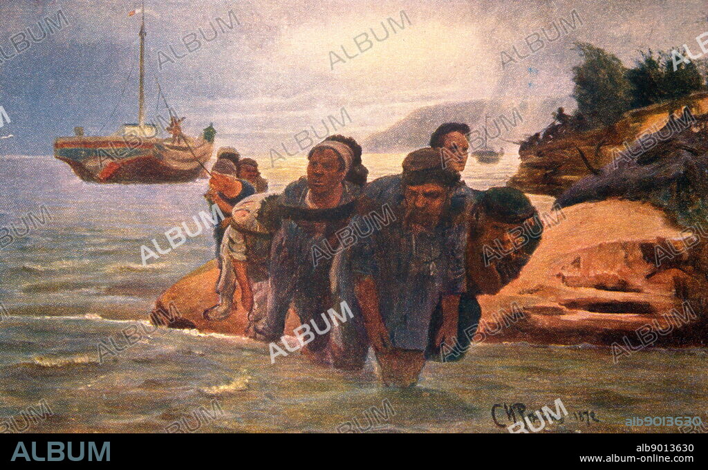 Barge-haulers Wading through Water. 1872, by Ilya Repin, 1872. Ilya Yefimovich Repin (1844 - 1930) was a Russian realist painter. He was the most renowned Russian artist of the 19th century,.
