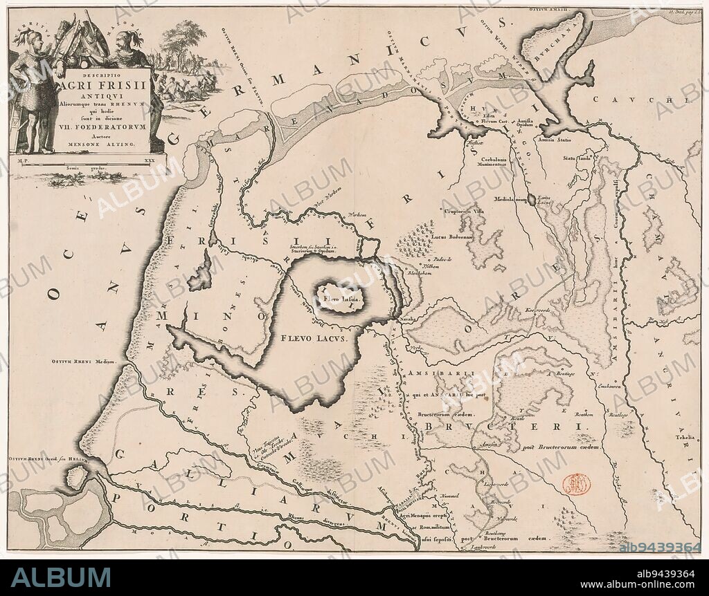 Historical map of the Netherlands with the areas of the Batavians and Frisians, Descriptio agri Frisii Antiqui (...) (title on object), Map of the Frisian areas in Roman times. Top left cartouche with title, surrounded by arms and Frisian chieftains Verritus and Malorix, depicted in the background warriors. Scale stick below cartouche: Semis gradus., print maker: Jan Luyken, Menso Alting, (mentioned on object), Netherlands, 1697 - 1700 and/or 1725, paper, engraving, etching, height 329 mm × width 420 mm.