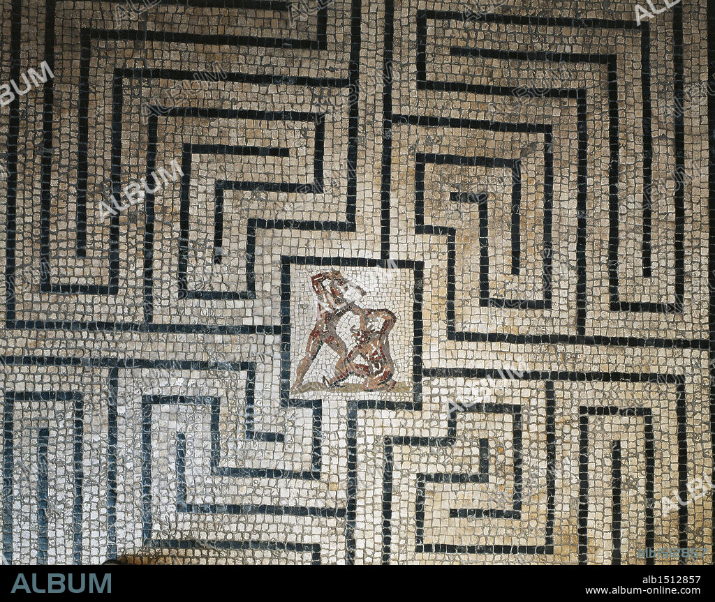 Roman civilization, 1st century b.C. Floor mosaic depicting the fight between Theseus and the Minotaur in the Labyrinth.