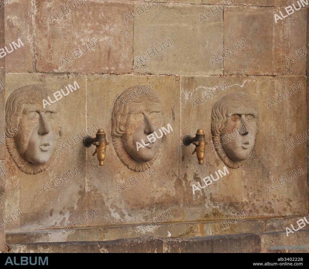 Relieve escultórico de la fuente de la plaza de Sant Just (fundada por Joan Fiveller), 1367, Barcelona, Barcelona, Cataluña, España.