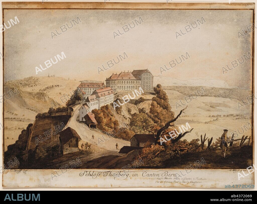 Thorberg Castle, in Canton Bern, etching, colored, sheet: 19.8 x 30.1 cm, Caspar Wolf, Inventor, Muri/Aargau 1735–1783 Heidelberg, Caspar Leontius Wyss, Stecher, Emmen um 1762–1798 Mannheim.