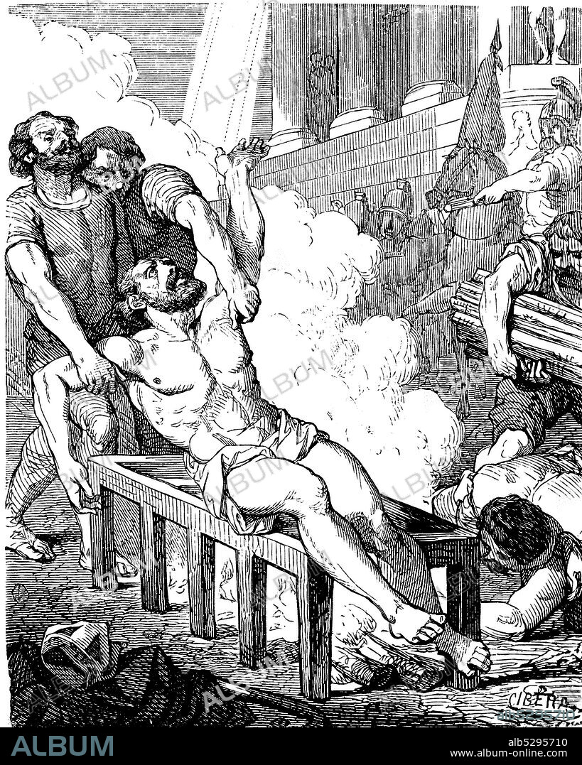 San Eleuterio (?-303), obispo y mártir de Nicomedia, acusado del incendio del palacio del emperador y quemado vivo por orden de Diocleciano . Grabado de 1852.
