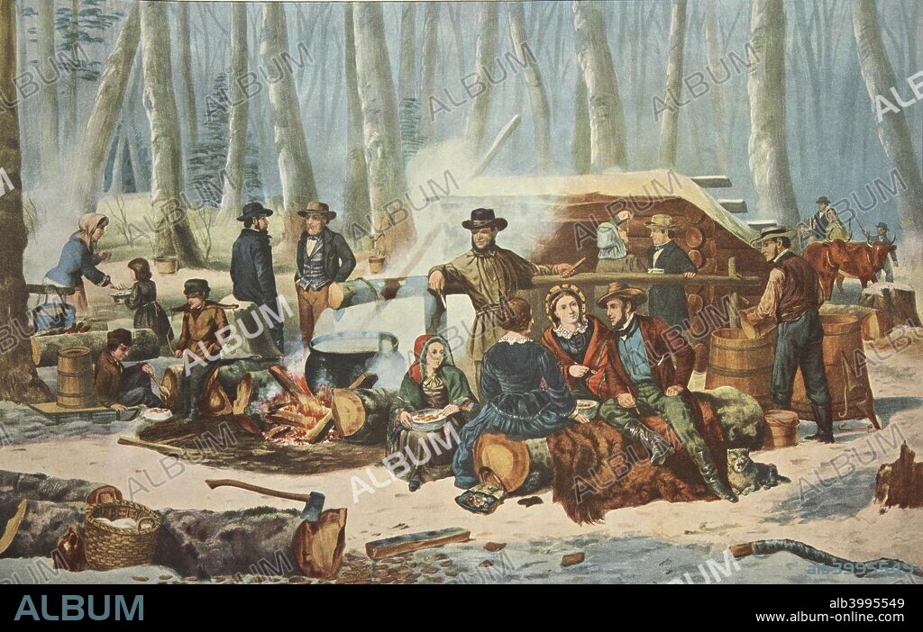 American Forest Scene - Maple Sugaring, pub. 1856, Currier & Ives  (Colour Lithograph).