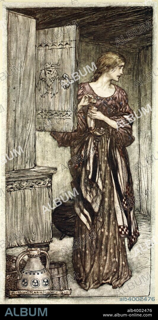 'Sieglinde prepares Hunding's draught for the night', 1910. Illustration from The Rhinegold and the Valkyrie. Hunding, Sieglinde's husband, has challenged Siegmund to a duel, so Sieglinde drugs him to avoid any harm coming to her twin brother. Private collection.