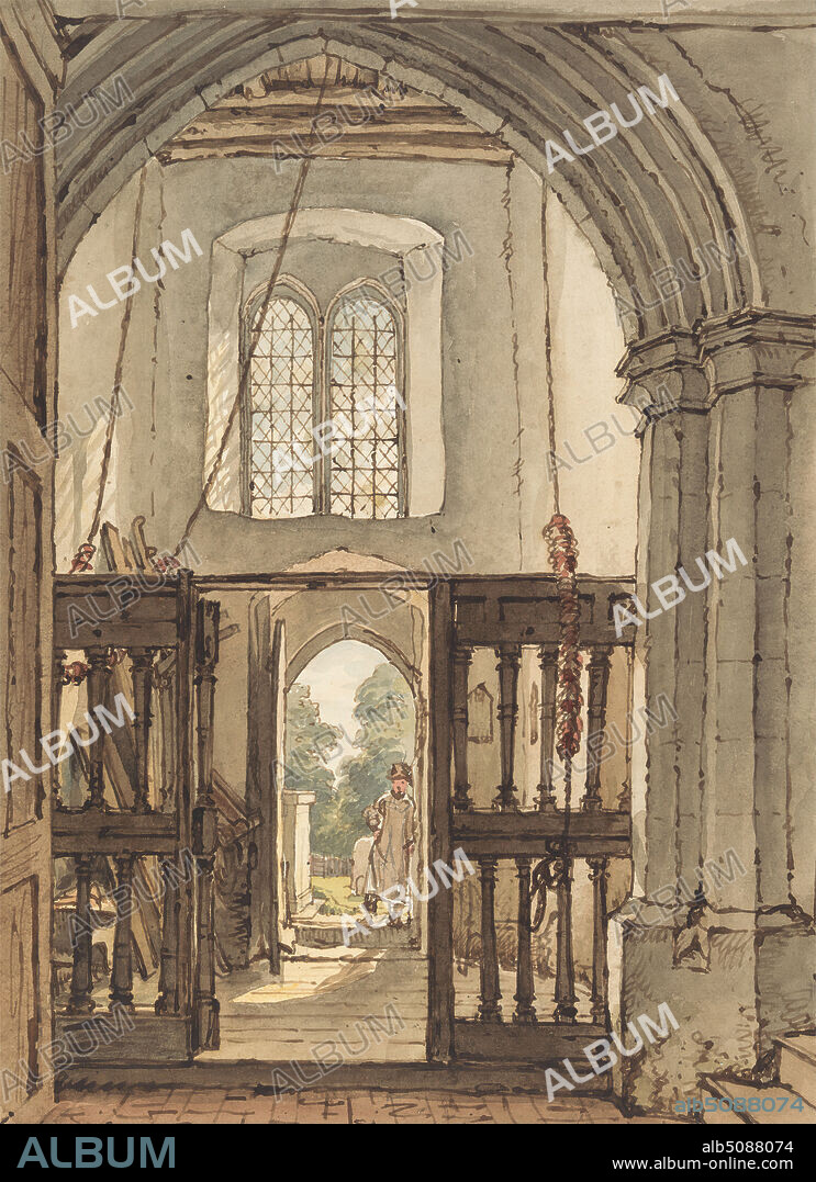 Interior of the Belfry, Bushey Church, William Henry Hunt, 17901864, British, ca. 1822, Watercolor, pen and brown ink, and graphite on moderately thick, slightly textured, cream wove paper, Contemporary drawn border: 16 7/8 x 13 inches (42.9 x 33 cm) and Sheet: 14 3/8 x 10 3/8 inches (36.5 x 26.4 cm), arches, architectural subject, belfry, boy, church, columns, gate, interior, man, rope, stained glass, stairs, Bushey, England, Europe, Hertfordshire, United Kingdom.