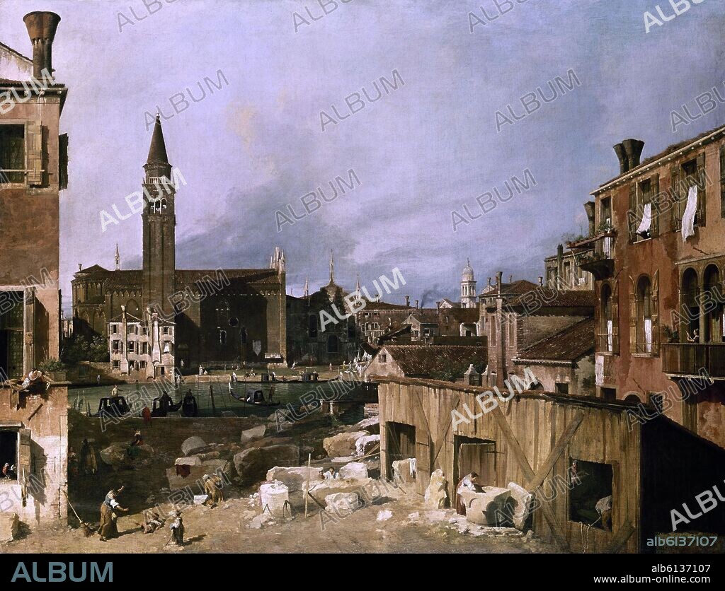 GIOVANNI ANTONIO CANAL (1697-1768) CANALETTO. VENECIA-CAMPO SAN VIDAL Y SANTA MARIA DE LA CARIDAD -1730-CASA DEL PICAPEDRERO FRENTE CANAL.