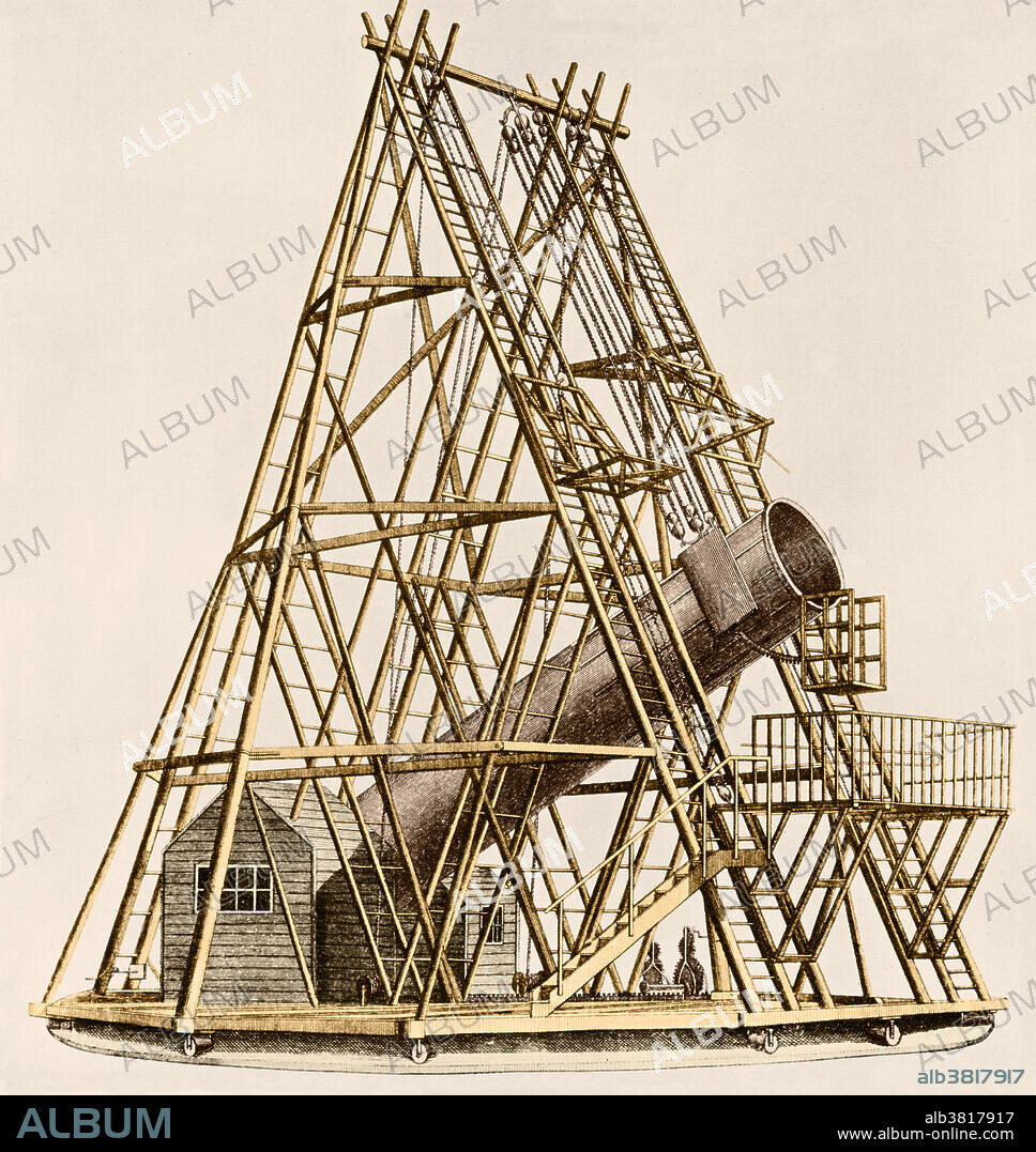 Color enhanced illustration of a telescope, the largest of its time, built by German-British astronomer Sir Frederick William Herschel (1738-1822). He discovered the planet Uranus in 1781, resulting in his appointment as private astronomer to King George III of England. He financed the construction of a 50 cm telescope with which he discovered two moons of Uranus (Titania and Oberon) and two of Saturn (Mimas and Enceladus). In 1783 he discovered the intrinsic motion of the sun through space.