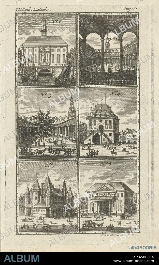 Stock exchange buildings and weighing buildings in Amsterdam, Six numbered illustrations of stock exchange and weighing buildings in Amsterdam: Hendrik de Keyser's stock exchange, Korenbeurs, Waag op Dam, Waag on Nieuwmarkt, Regulierswaag. The buildings are provided with explanations on the accompanying text sheet. Print top left and right marked: II. Part. 2. Book - Pag: 61, civic architecture, edifices, dwellings, Hendrik de Keyser's stock exchange, Waag op Nieuwmarkt, Regulierswaag, Adolf van der Laan (mentioned on object), 1723, paper, etching, h 137 mm × w 82 mm.
