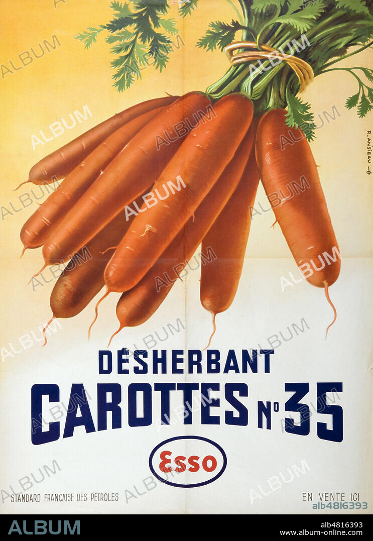 'Desherbant carottes n°35 - Esso'. Affiche publicitaire vers 1960. Illustration par Roland ANSIEAU (1901-1987 = ADAGP). Credit : IM/KHARBINE-TAPABOR.
