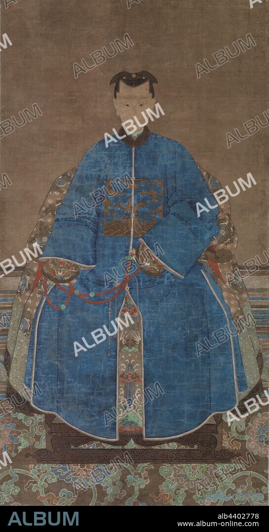 Chinese: Portrait of a Woman, Unidentified artist, Chinese, 17th–18th century, Chinese black ink and heavily applied pigments on silk, Painted on silk, this portrait represents a Qing dynasty noblewoman. Her blue robe is typical of the attire worn by Chinese royalty, officials, and their families during the 17th and 18th centuries. The front of the robe bears a design called a Mandarin Square, which is an embroidered badge indicating a person's rank through the use of animal imagery. Such symbols would have been readily understood at the time., Overall: 62 5/8 x 33 1/4 in. (159.1 x 84.5 cm).