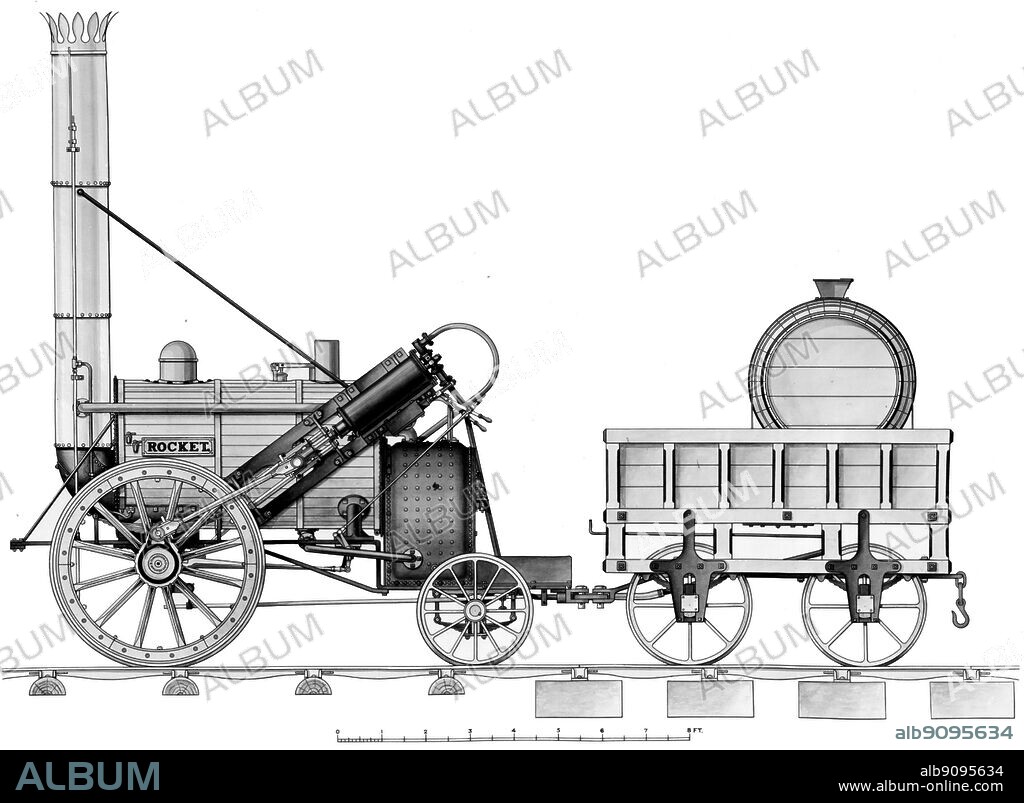 Drawing of The Rocket - this locomotive was built by George Stevenson at Newcastle-on-Tyne in 1829 to compete for a prize of £500 offered by the directors of the Liverpool and Manchester Railway Company for the best locomotive which could at that time be produced. Five locomotives by different makers were entered for the competition which was won by the Rocket after what, in those days, were considered very exhaustive and severe tests. The Rocket weighed four and a half tons. ©TopFoto.