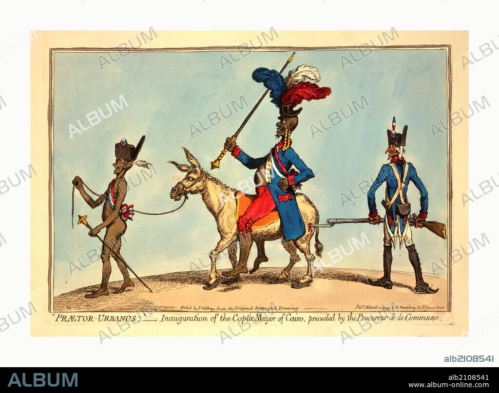Praetor-Urbanus, Inauguration of the Coptic Mayor of Cairo, preceded by the Procureur de la Commune, Gillray, James, 1756-1815, engraving 1799, An obese, Copt, holding a mace or staff, rides an ass which, though led processionally by a Copt, proceeds on account of the bayonet with which a grinning French soldier stabs its hind quarters.