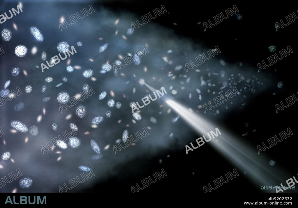 Illustration shows a close-up view of the Sculptor Wall, which is comprised of galaxies along with the warm-hot intergalactic medium (WHIM). Scientists have used NASA's Chandra X-ray Observatory and ESA's XMM-Newton to detect a vast reservoir of gas lying along a wall-shaped structure of galaxies about 400 million light years from Earth. This discovery is the strongest evidence yet that the "missing matter" in the nearby Universe is located in an enormous web of hot, diffuse gas. The X-ray emission from WHIM in this wall is too faint to be detected, so instead a search was made for absorption of light from a bright background source by the WHIM, using deep observations with Chandra and XMM. This background source is a rapidly growing supermassive black hole located far beyond the wall at a distance of about two billion light years. This is shown in the illustration as a star-like source, with light traveling through the Sculptor Wall towards the Earth. Release date May 11, 2010.