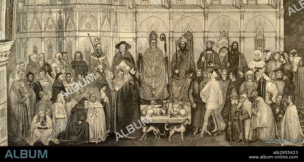 Militant Church and Triumphant Church. Engraving after the fresco by Andrea Bonaiuto, 14th century. Spanish Chapel. Basilica of Santa Maria Novella (Florence, Italy).