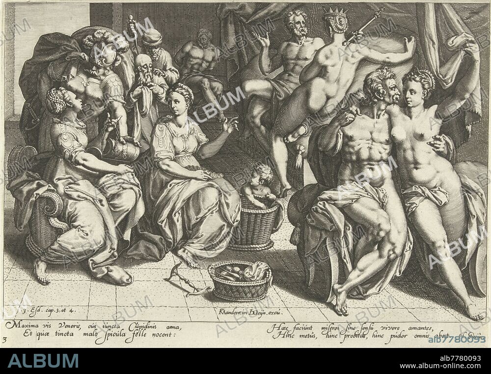 The women as rulers of the world Scenes from the Apocrypha Bible Book 3 Esdras (series title), The women as rulers of the world. Allegorical scene with women who have power over men. A woman seduces the king and takes his crown and scepter. Another is offered expensive gifts from a soldier. Presentation to the book 3 Ezra 3-4., Womanhood, the first guardsman says (writes) that wine is the strongest of all things, contest of the three guardsmen, Zacharias Dolendo, Netherlands, 1595 - 1596, paper, engraving, h 208 mm × w 286 mm.