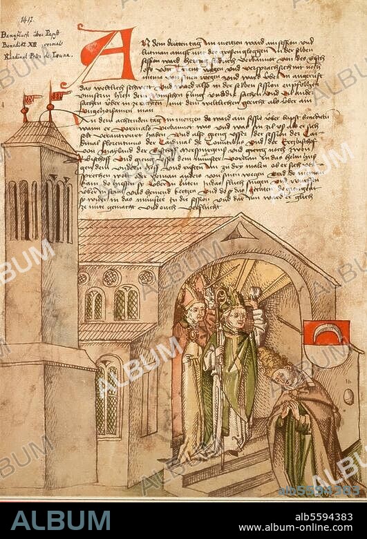 Konstanzer Konzil 1414-1418 / Absetzung des Papstes Benedikt (XIII.) 26.7.1417. Bannfluch über Papst Benedikt. (Symbolische Darstellung des in Konstanz nicht anwesenden Benedikt). Buchmalerei, 2. Hälfte 15. Jh. Illustration zur Konzilschronik des Ulrich von Richental. Ms. 1, fol. 70 v, Konstanz, Rosgartenmuseum.
