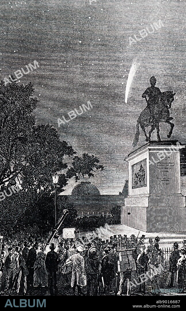 Engraving depicting Comet Coggia, a non-periodic comet, discovered by Jérôme Eugène Coggia, seen from the Pont Neuf, Paris. Jérôme Eugène Coggia 1849-1919) a French astronomer. Dated 19th Century.